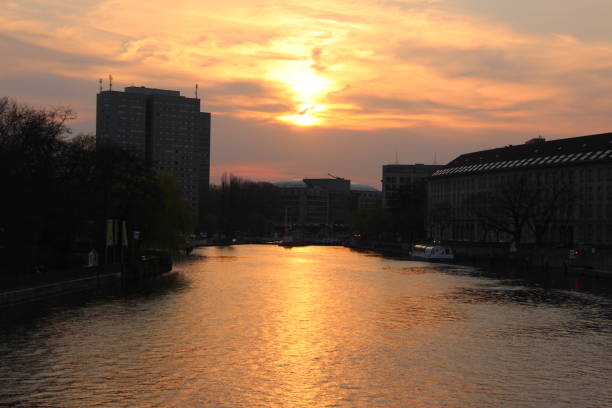 Berlin, Germany – April 03, 2019: A Beautiful sunset above the Spree River in Berlin, Germany