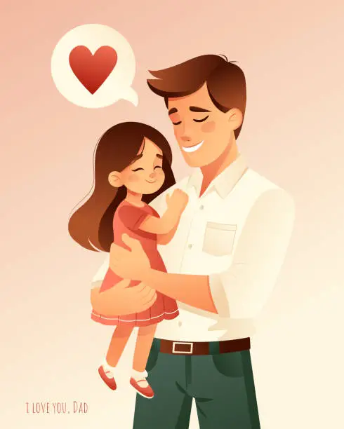 Vector illustration of Dad holds his daughter in his arms and they are happy.