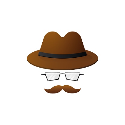 Private brown agent mask template. Hat with mustache and glasses of inspector character solving crime and conducting surveillance with vector investigation