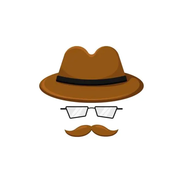 Vector illustration of Private detective mask template. Hat with mustache and glasses of inspector character