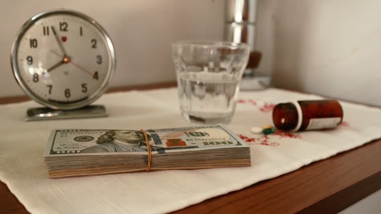 Stack of US dollar banknotes and drugs on night stand