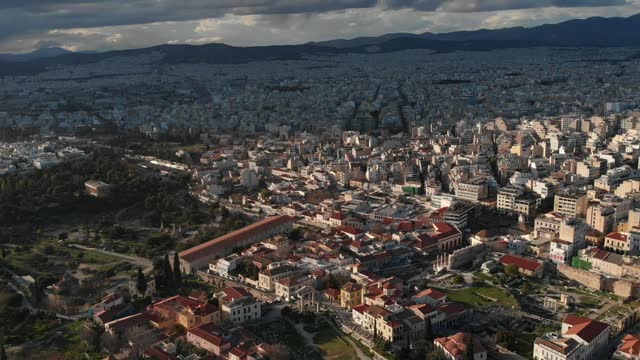 Aerial view of Acropolis hill and panoramic shot of the whole city of Athens, drone footage