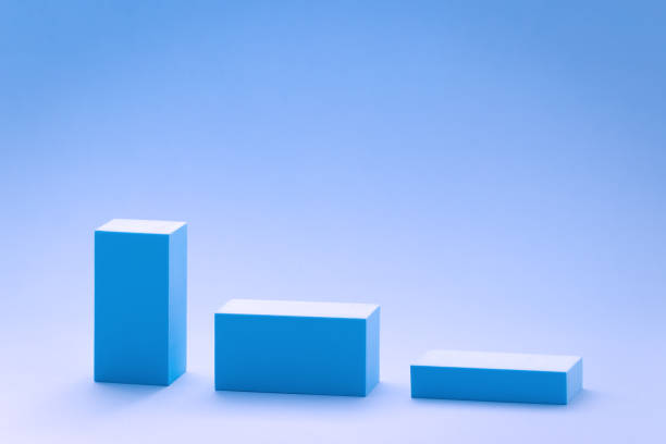 istock Three blue rectangle blocks in a row descending. Composition of 3D graph or empty podiums for display your product. Space for text 2112694474