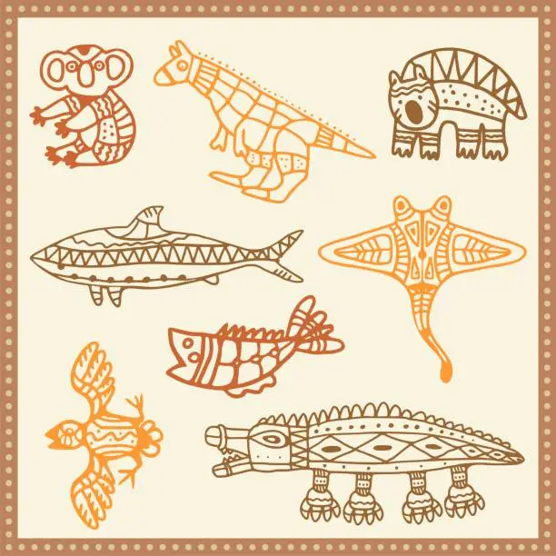 Vector illustration of Vector Tribal Animals Set in Australian Aboriginal Style