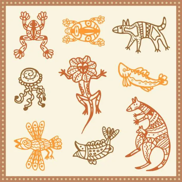 Vector illustration of Vector Tribal Animals Set in Australian Aboriginal Style