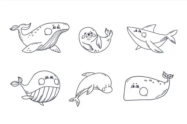 Vector illustration of Ocean aquatic animals set in doodle style. Underwater mammals different species whales, shark, seal, dolphin