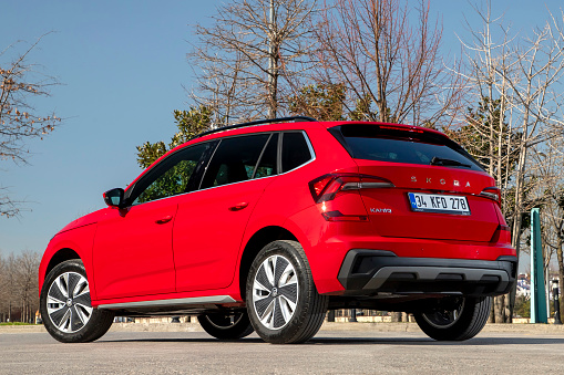 Istanbul, Turkey - March 18 2024 : Skoda Kamiq is a subcompact crossover SUV produced by Skoda Auto. It has new rear view design.
