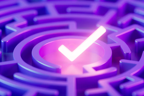 Check mark with maze Check mark with maze. Digitally generated image. 3d render. pink promise stock pictures, royalty-free photos & images