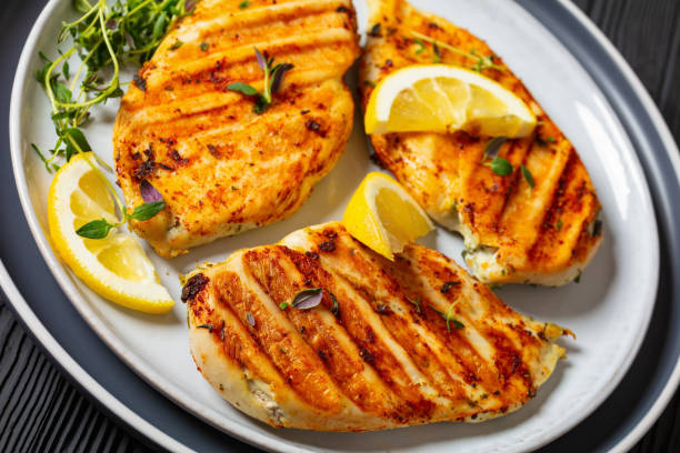 istock juicy grilled chicken cutlets on plate, top view 2112771510