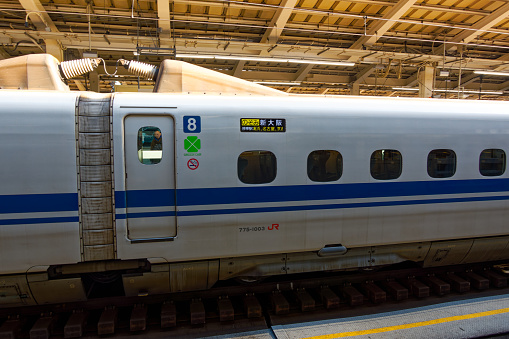 Shinkansen high speed train parked at Japanese railway station at City of Tokyo on a sunny winter day. Photo taken January 30th, Tokyo, Japan.