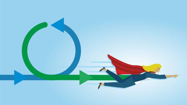 Superhero, superwoman flying in process workflow. Dimension 16:9. Vector illustration. Superhero, superwoman flying in process workflow. Brave woman on her way to success. superhero environment women green color stock illustrations