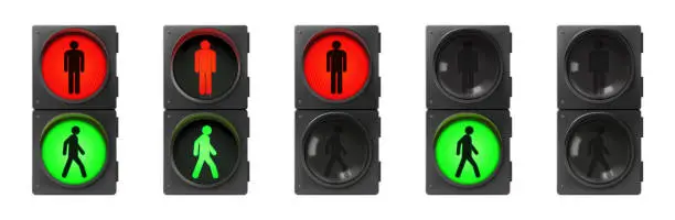 Vector illustration of Set of pedestrian traffic lights with red and green man. Realistic 3d Vector illustration. Street regulation system signals, road safety in the city, isolated on white background