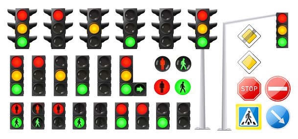 Set of road street signs for vehicles and pedestrians. Priority roads, speed limit and restriction stop signboards. Stop, direction of traffic, pedestrian crossing, Traffic lights. Realistic 3d vector
