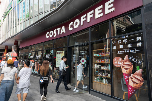 Shanghai, China - Aug 14, 2023: Exterior view of a Costa Coffee shop in Shanghai, China. Costa Limited, trading as Costa Coffee, is a British coffeehouse chain based in Loudwater, Buckinghamshire.