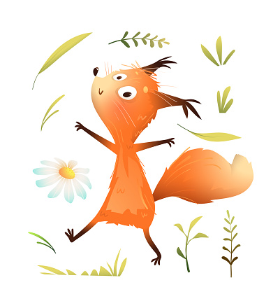 Cheerful funny squirrel, playful animal character for children. Illustrated running and jumping little squirrel character for kids. Isolated vector animal clipart for children in watercolor style.