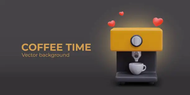 Vector illustration of Web poster with black background and place for text. Realistic coffee machine