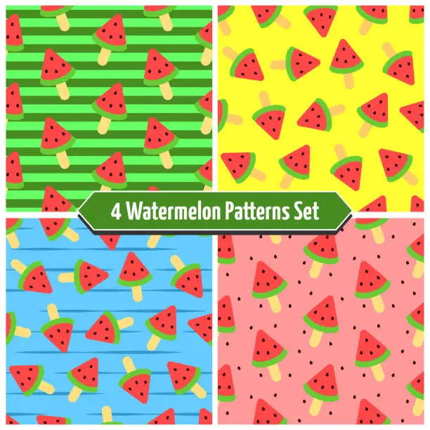 Vector illustration of Set of 4 Watermelon Popsicles Patterns in Colored Backgrounds. Seamless Link.