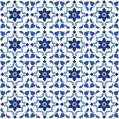 Hand drawn abstract floral seamless pattern. Poruguese Azulejo tile design. Print vector for rug, carpet, shawl. Decor of towel, textile, yoga mat. Traditional ornament, blue daffodil flower, paisley.