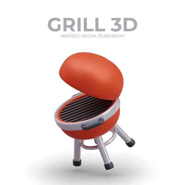 Vector illustration of 3D round barbeque grill on white background. Kitchen device for frying meat, fish and vegetables
