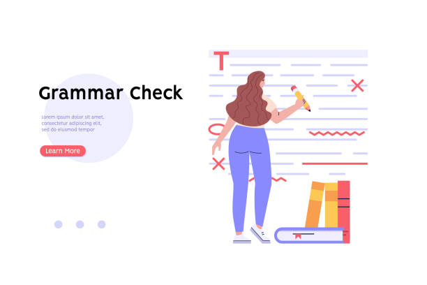 editing document with text. correcting grammar mistake with red marker. teacher fix page text errors. concept of proofread script, grammar edit, correcting mistake. vector flat cartoon illustration - proofreading reading and writing writing exam stock-grafiken, -clipart, -cartoons und -symbole