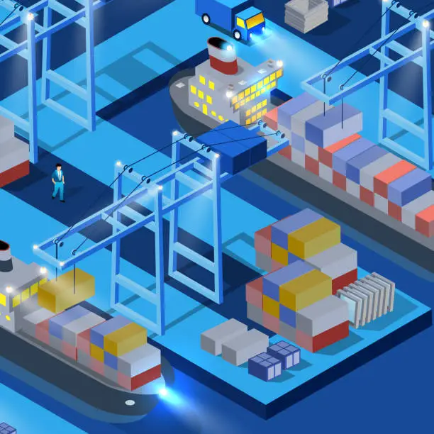 Vector illustration of Marina port embankment ship boat factories, warehouses