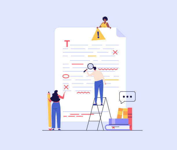 stockillustraties, clipart, cartoons en iconen met editing document with text. correcting grammar mistake with red marker. teacher fix page text errors. concept of proofread script, grammar edit, correcting mistake. vector flat cartoon illustration - bureauredacteur