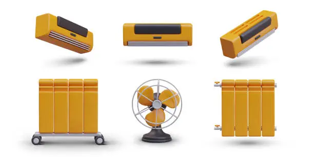 Vector illustration of Composition with different climate devices. Realistic air conditioner in different positions