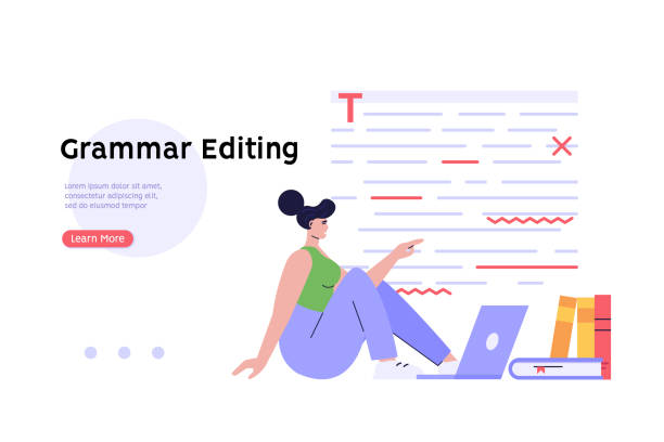 editing document with text. correcting grammar mistake with red marker. teacher fix page text errors. concept of proofread script, grammar edit, correcting mistake. vector flat cartoon illustration - proofreading reading and writing writing exam stock-grafiken, -clipart, -cartoons und -symbole