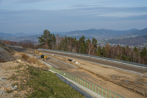 Construction of the Węgierska Górka S1 bypass in Węgierska Górka with a view of the mountains