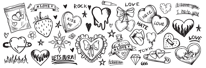 Marker scribble sticker, crayon wax paint collage icon, lips. Romantic Valentine Day heart doodle