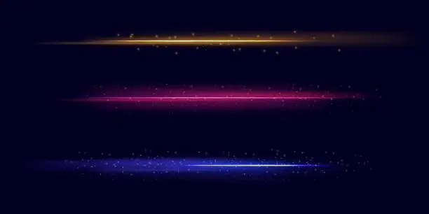 Vector illustration of Neon divider lines set. Glowing horizontal stripes collection. Fluorescent electric light sticks pack. Shining laser beams LED effect bundle. Vector pink yellow orange elements for poster banner cover