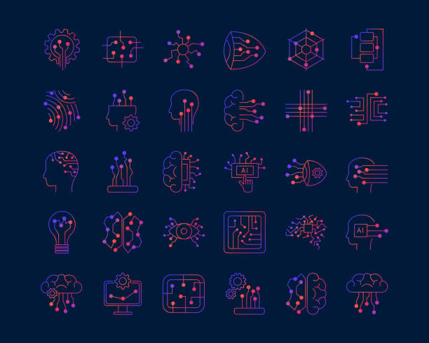 ilustraciones, imágenes clip art, dibujos animados e iconos de stock de conjunto de iconos de inteligencia artificial en estilo de línea degradada - aprendizaje profundo