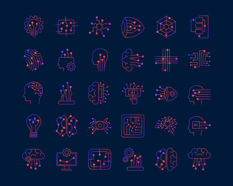 Set of artificial intelligence icons in line style. Pictograms of digital technologies of artificial intelligence, machine learning, smart robotics. Isolated gradient vector illustration