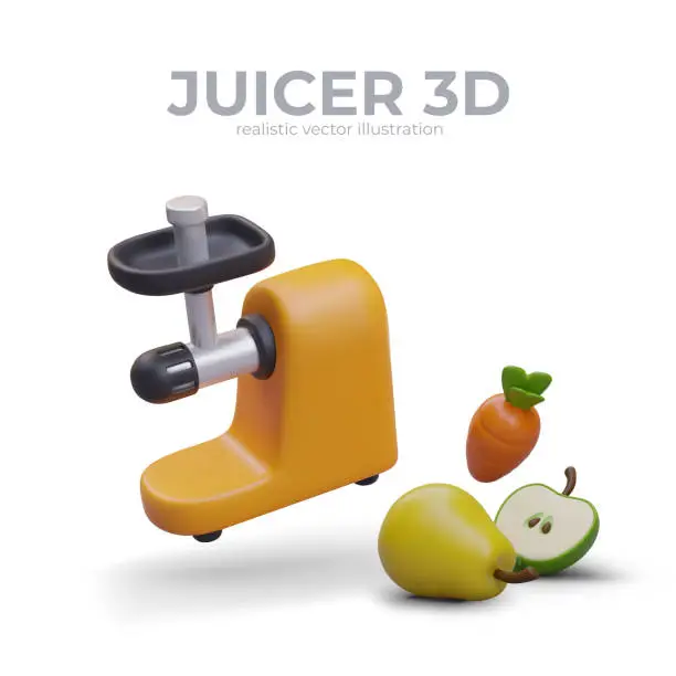 Vector illustration of 3D juicer, pear, apple, carrot. Modern kitchen electrical equipment