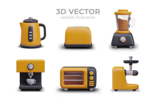 Vector illustration of Realistic kettle, toaster, blender, coffee maker, microwave oven, juicer