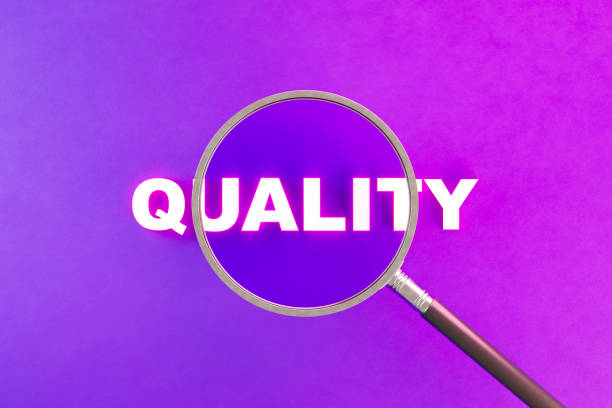 Quality concept with magnifying glass on neon background. Digitally generated image. 3d render.