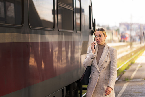Young attractive woman using a cellphone and commuting with the train