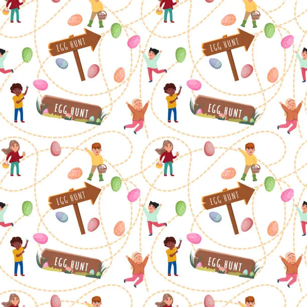 Vector illustration of Seamless pattern with children searching for Easter eggs, dashed lines around them and pointing shields