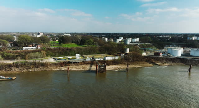 Mississippi River Near Downtown Memphis, Tennessee - Aerial Drone Shot