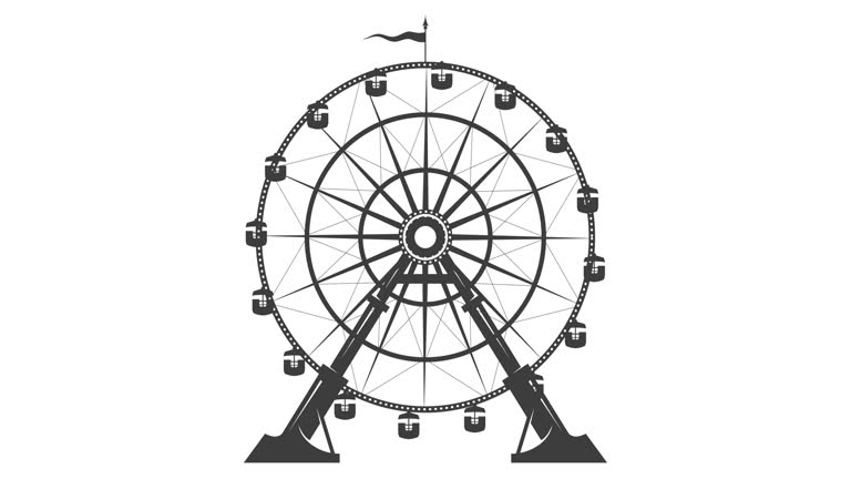 Ferris wheel animation, amusement park observation wheel, attraction with waving flag, footage