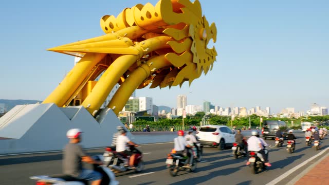 Vietnamese Motorcycles on the Dragon Bridge of Da Nang