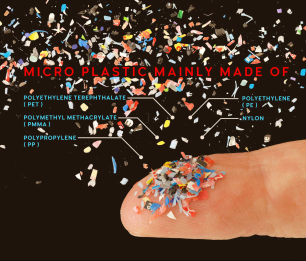 istock Close up of microplastic on finger concept of water plastic pollution and global warming with text 2112996545