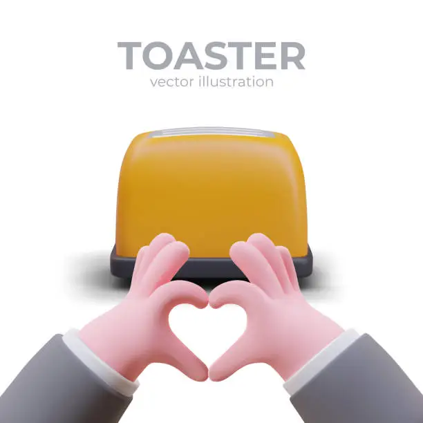 Vector illustration of Realistic toaster, hands showing heart sign. Popular product, choice of buyers