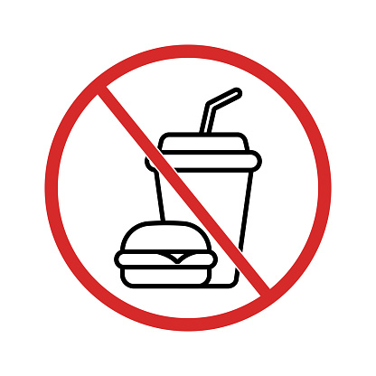 No food and drink forbidden sign. No hamburger, no drink linear icons. Round red sticker. Vector
