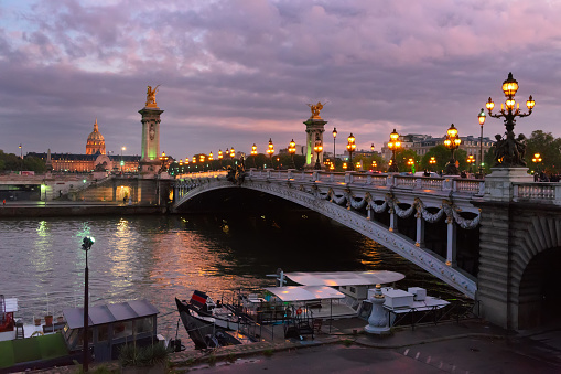 famouse Alexandre III Bridge at violet night, Paris, France
