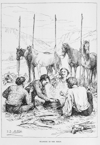 Illustration from Harper's Magazine Volume LXXIV -December 1886-May 1887 :- A group of four Cossacks sit on the ground and spoon food out of a bubbling pot on their camp fire.