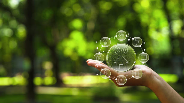 istock Male hand holding a green ball with a smart home icon. Graphics Digitalization Visualization of Connected Home Electronics. 2113034052