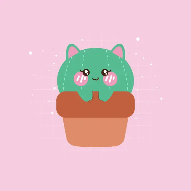 Vector illustration of Cute kawaii cat cactus emoji emoticon vector with pink background