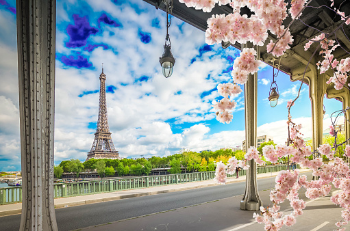 view of Eiffel Tour with paris street over Seine river, Paris France