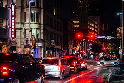 San Antonio, Texas, USA - Night traffic in downtown district.